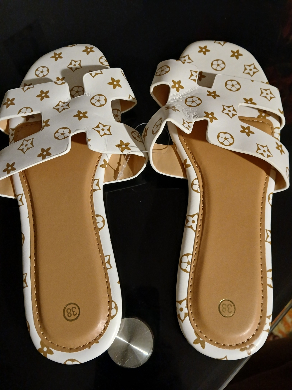 & Other Stories White and Tan Patterned Slide Mules